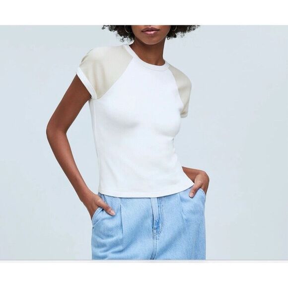 MADEWELL Baby Tee Women XXS Antique Cream NEW Raglan Sleeve Shrunken Fit NP844 - Picture 1 of 14